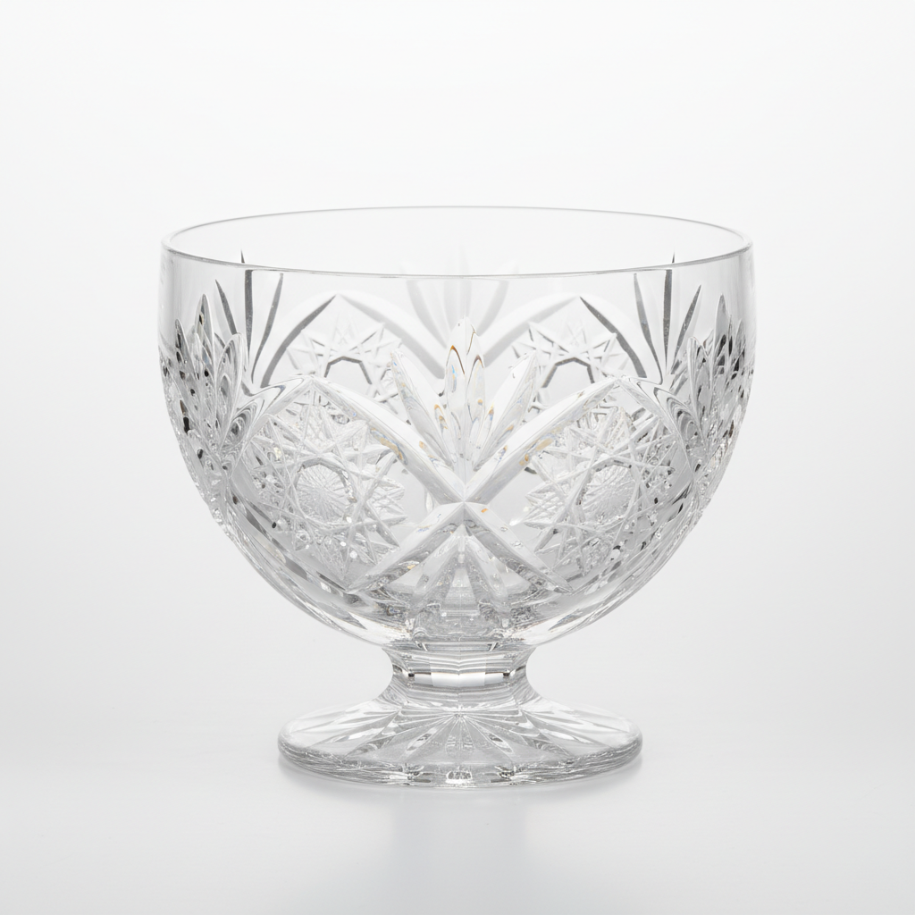 Antique 1950s crystal glass bowl with intricate cut facets